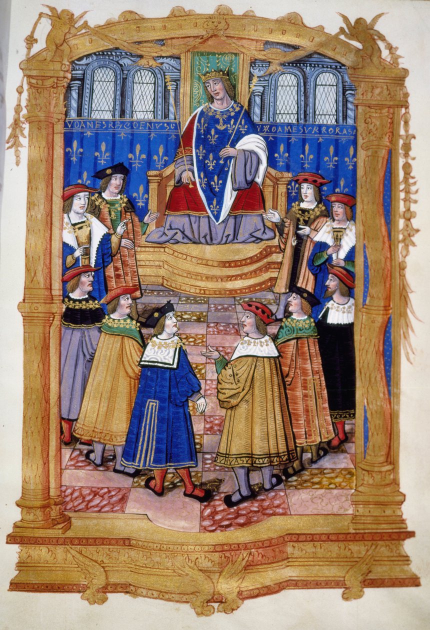 Miniatur aus dem 15. oder 16. Jahrhundert darstellend Ludwig XI. und die Ritter des Ordens vom Heiligen Michael. von Unknown artist