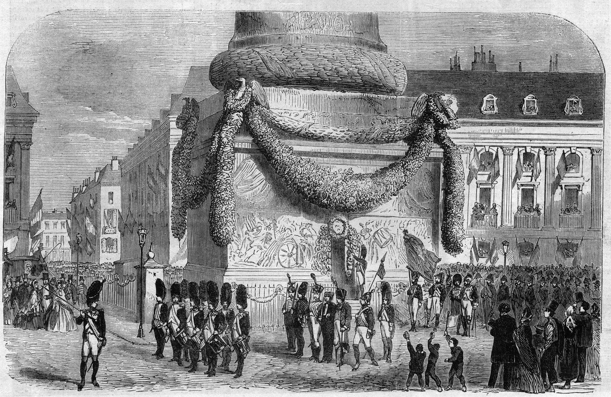 Morgen des Nationalfestes am 15. August 1864 am Fuße der Säule des Place Vendôme in Paris. Gravur in „Das Illustrierte Universum“. von Unknown artist