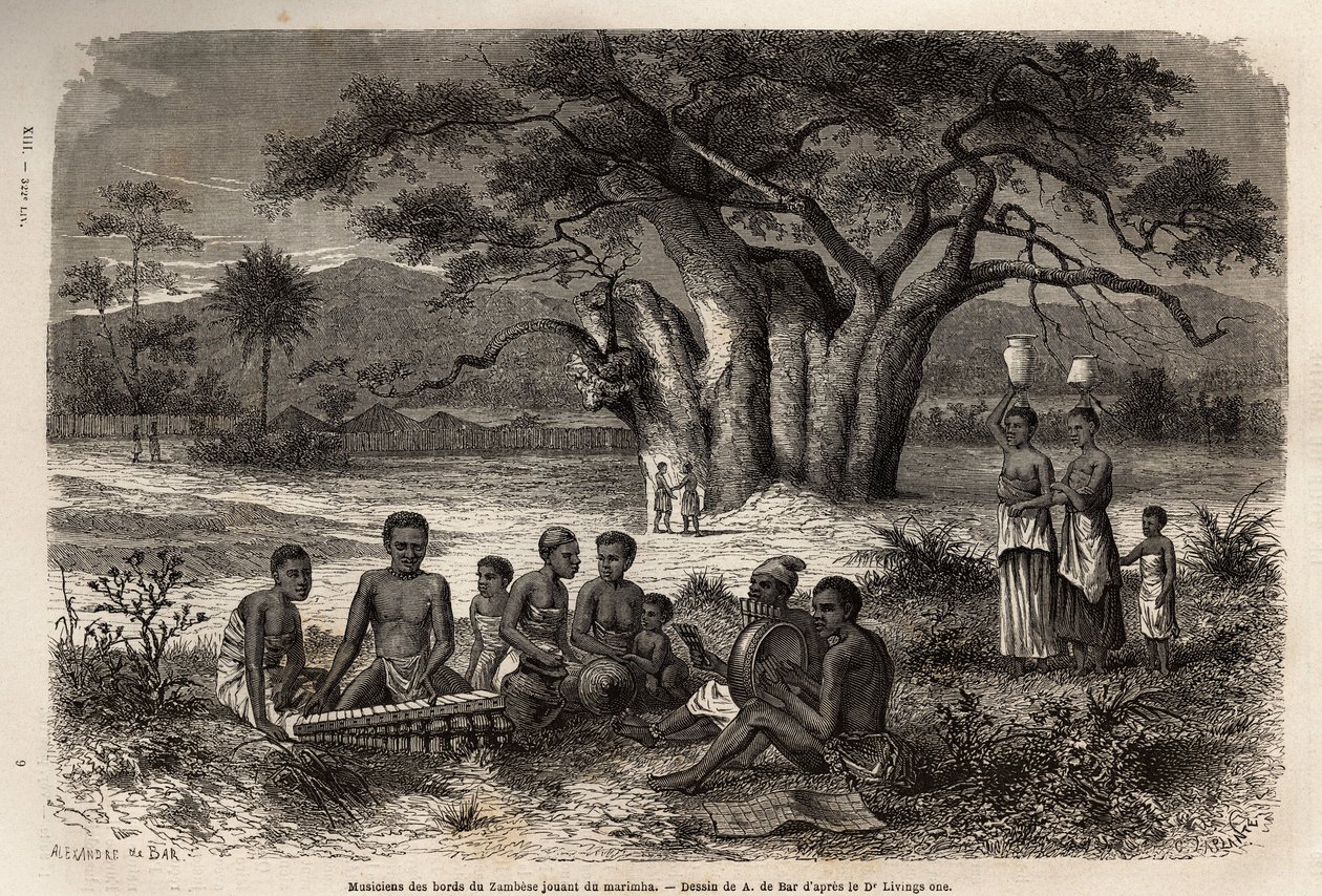 Musiker spielen Marimba (eine Mischung aus Balafon und präkolumbianischen Instrumenten) am Ufer des Sambesi-Flusses. Gravur zur Illustration von Dr. Livingstones ersten Reisen nach Südafrika von 1840 bis 1856, in „Le tour du monde, nouveau journal des voya von Unknown artist