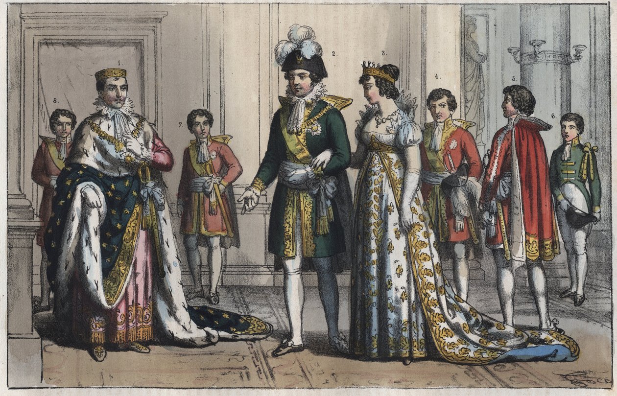 Napoleon Bonaparte (1769-1821), als König von Italien - Vizekönig - die Frau eines Vizekönigs - Butler - Oberkämmerer - Page - Stallmeister - Zeremonienmeister - Gravur aus „Usi e Costumi di Tutti i Popoli dell