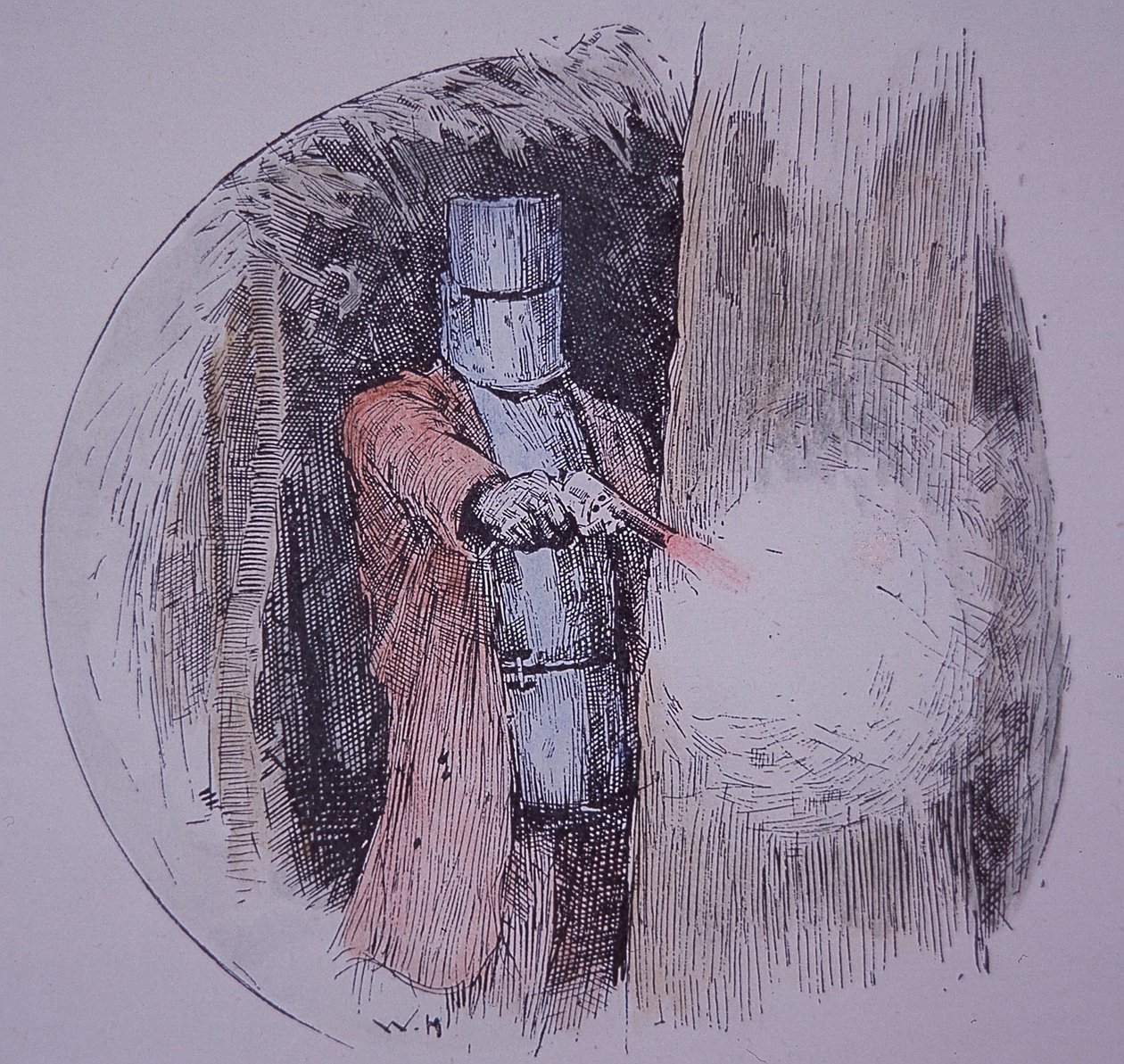 Ned Kelly in seiner selbstgemachten Rüstung, in Konfrontation mit der Polizei von Unknown artist