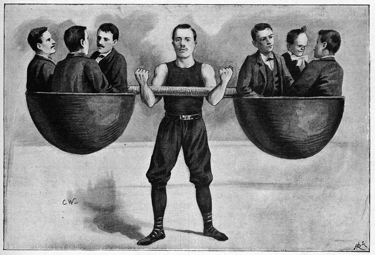 Nino, junger Italiener, 24 Jahre alt, im Winterzirkus, der sechs Männer auf seinem Arm trägt. Nach einem Foto von 1898. von Unknown artist