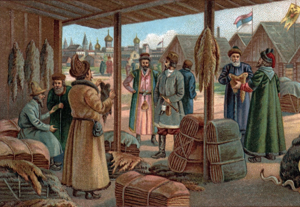 Alte Einkaufszentren: Pelzmesse in Nowgorod (Weliki Nowgorod), Russland im 19. Jahrhundert. Chromolithographie aus dem späten 19. Jahrhundert. von Unknown artist