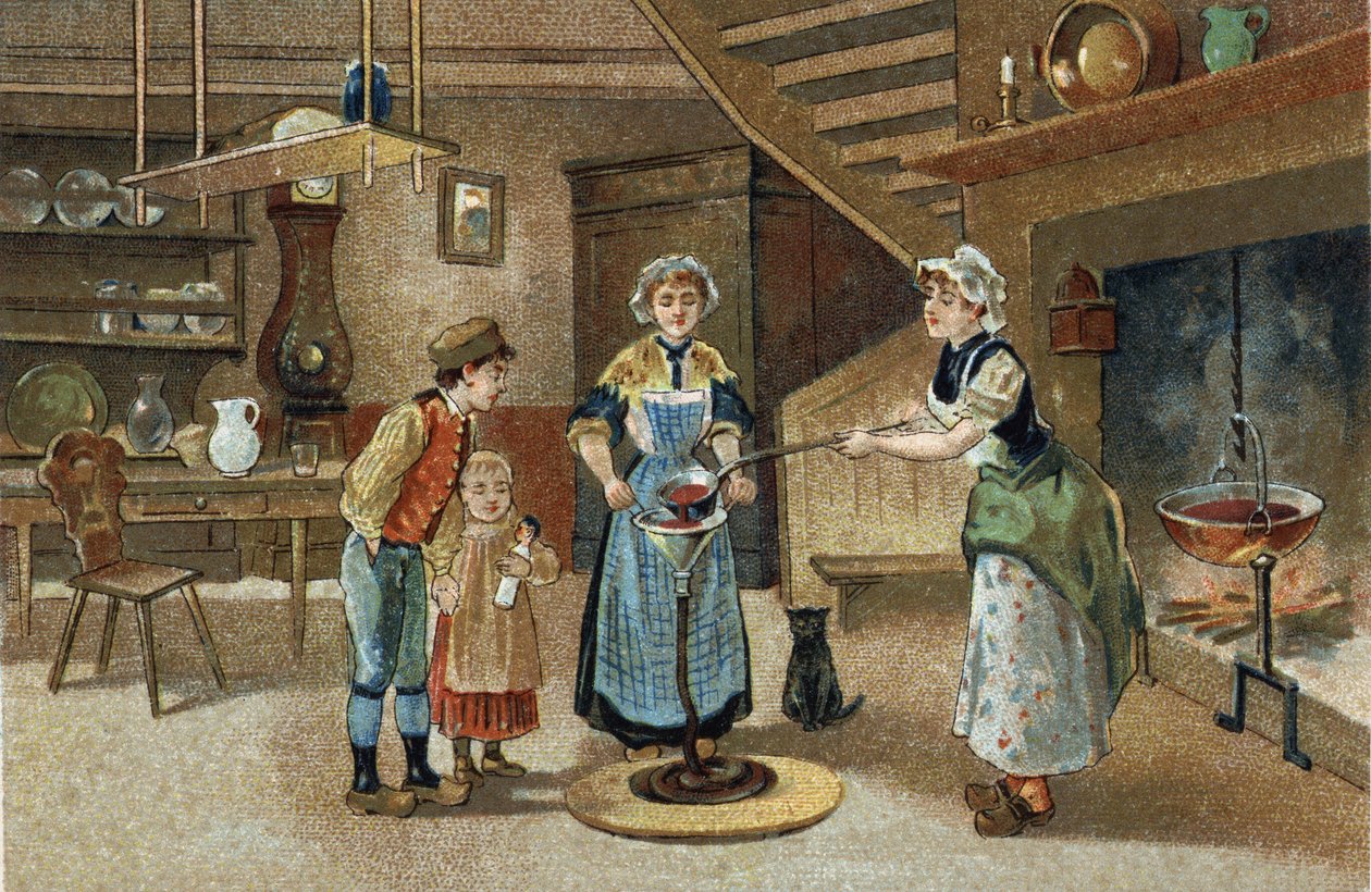 Altes Brauchtum im Dauphiné: La boudinée. Chromolithographie aus dem späten 19. Jahrhundert von Unknown artist