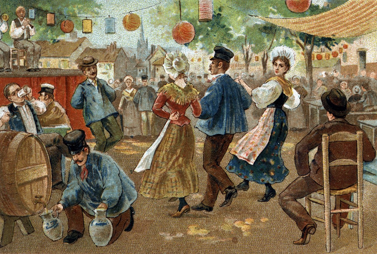 Altes Brauchtum in Flandern: Flämischer Jahrmarkt. Chromolithographie aus dem späten 19. Jahrhundert von Unknown artist
