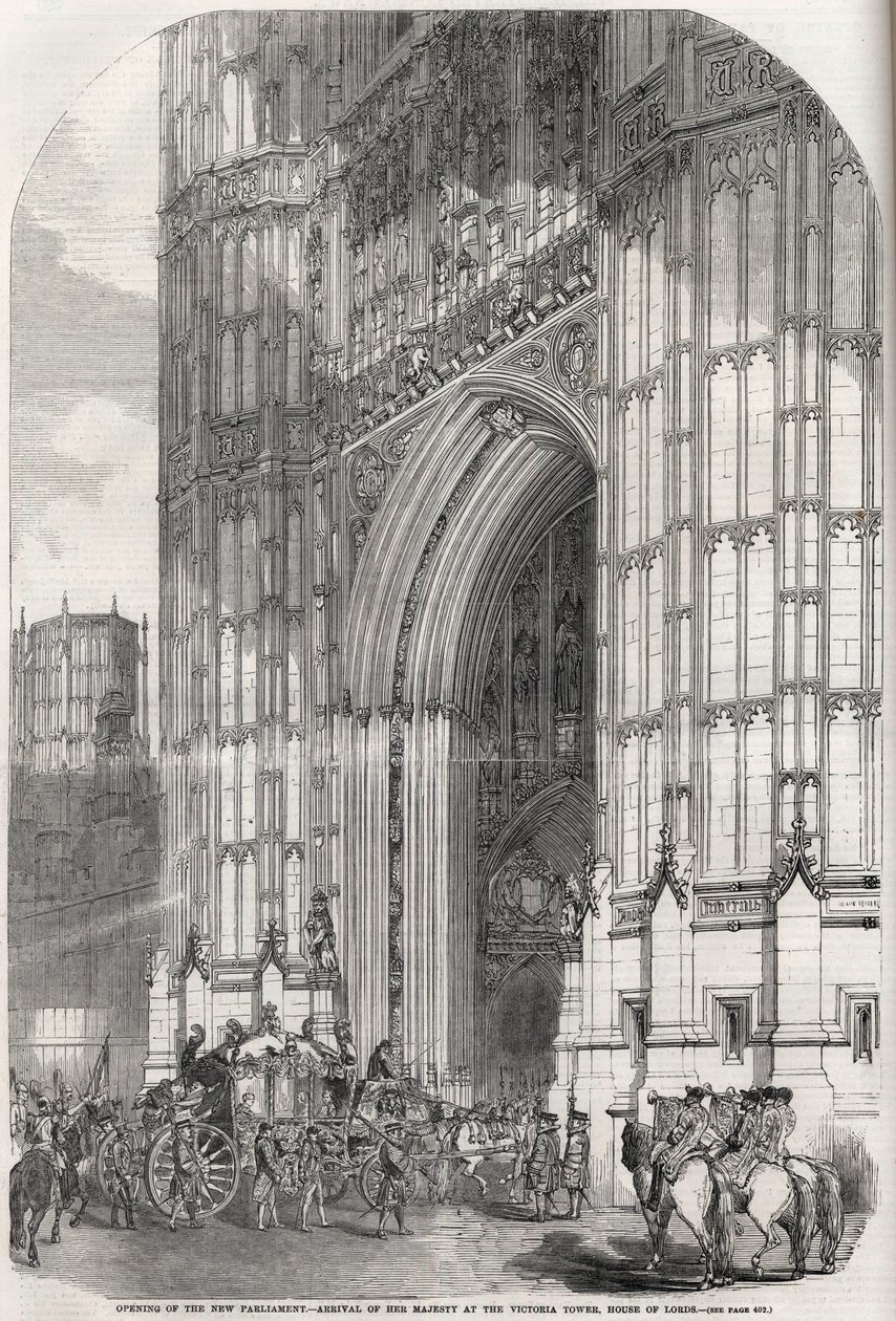 Eröffnung des neuen Parlaments - Ankunft Ihrer Majestät am Victoria Tower, House of Lords 1852 von Unknown artist