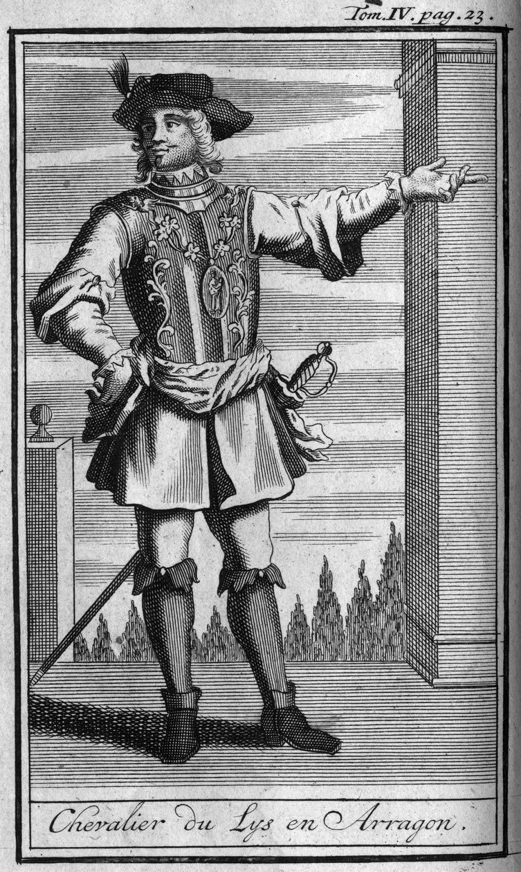 Ritterorden. Ritter des Ordens der Lilie in Aragon im 15. Jahrhundert. In „Geschichte der militärischen Orden oder Ritter, der säkularen und regulären Milizen beider Geschlechter, die bisher gegründet wurden“. Ausgabe von Abbe Giustiniani, R.P.Bonani, M. H von Unknown artist
