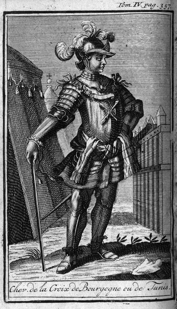 Ritterorden. Ritter des Kreuzes von Burgund oder Tunis. In "Geschichte der militärischen Orden oder Ritter, der sicheren und routinemäßigen Milizen beider Geschlechter, die bisher gegründet wurden. Ausgabe von Abbe Giustiniani, R.P. Bonani, M. Herman, Scho von Unknown artist