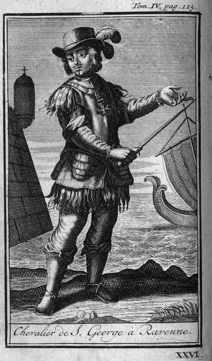 Ritterorden. Ritter von St. Georg in Ravenna (Ravenna) in Italien im 16. Jahrhundert. In „Geschichte der militärischen Orden oder Ritter, der sicheren und routinemäßigen Milizen beider Geschlechter, die bisher gegründet wurden“. Ausgabe von Abbe Giustinian von Unknown artist