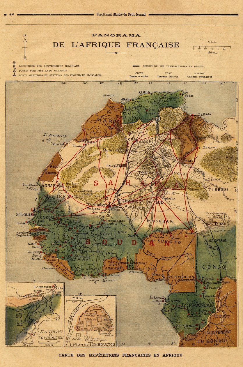 Panorama von Französisch-Afrika, Karte der französischen Expeditionen in Afrika. Gravur in „Le petit journal“ 5.03.1894. Sammlung Selva. von Unknown artist