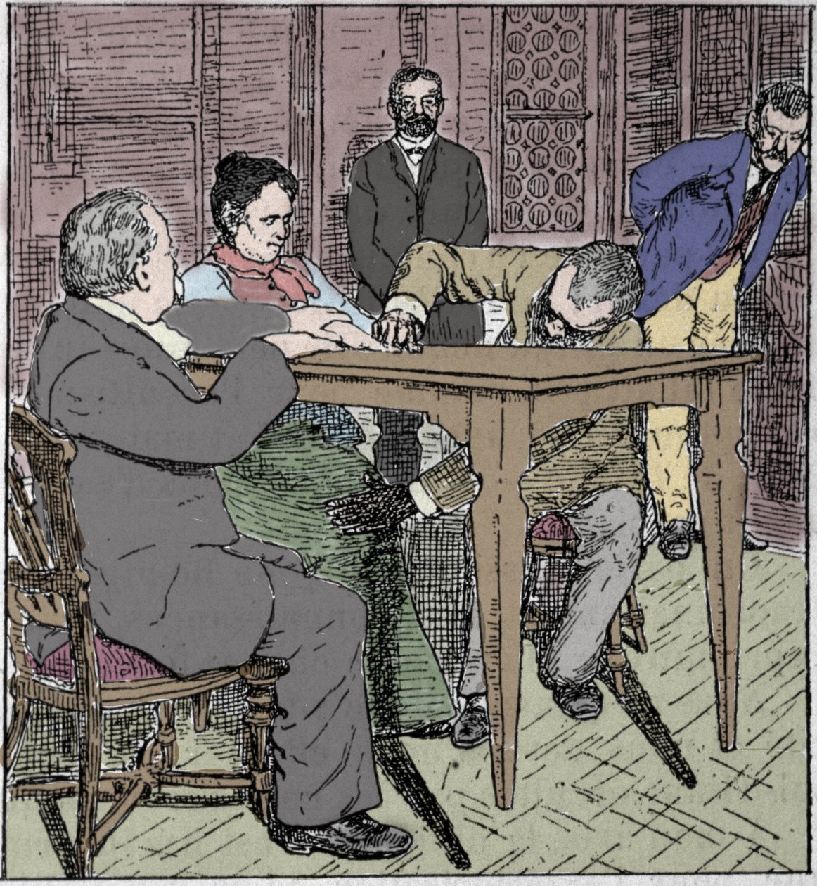 Paranormale Phänomene: Erfahrung des Hebens eines Tisches in Mailand im Jahr 1892 in Anwesenheit des Mediums Eusapia Paladino und Cesare Lombroso (1835-1909) und Charles Richet (1835-1909) von Unknown artist
