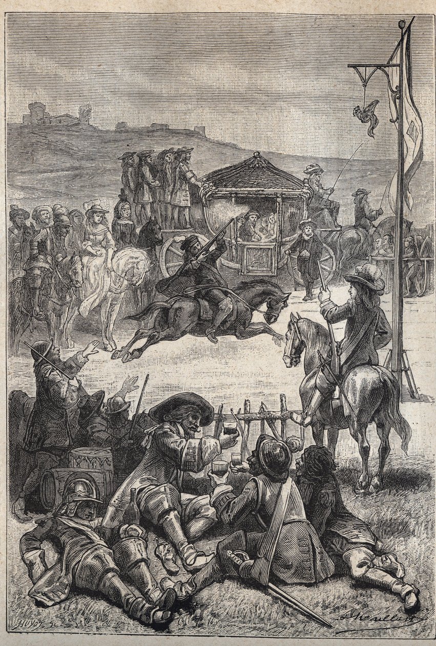 Papageienschießen - Illustration des 19. Jahrhunderts für den historischen Roman „Die Puritaner von Schottland“ (Old Mortality) von Walter Scott (1771-1832). von Unknown artist