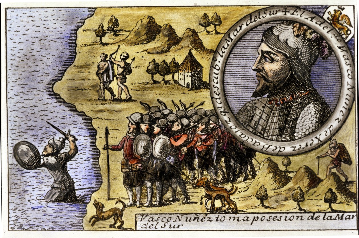 Darstellung von Vasco Núñez de Balboa (1475-1517), spanischer Seefahrer, der als einer der ersten den Pazifischen Ozean entdeckte, indem er die Landenge von Darién überquerte. Gravur von Unknown artist