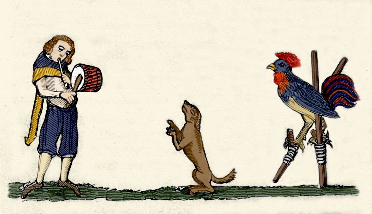 Dressierte Haustiere: ein Hund und ein Hahn tanzen auf Stelzen im Rhythmus der Trommel. Gravur aus einem Manuskript von 1344 aus der Bodleian Library in Oxford von Unknown artist