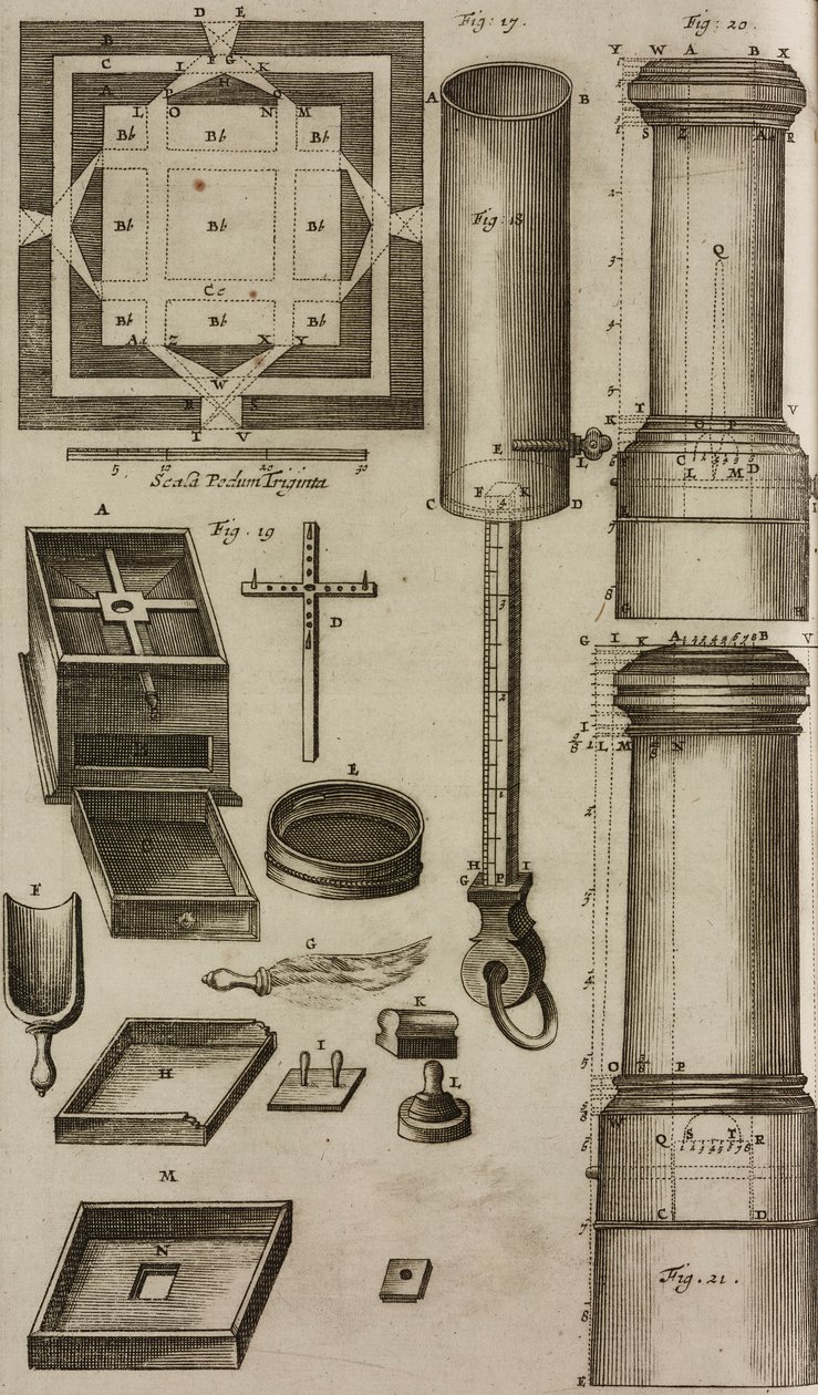 Plan eines Pulverfasses und Werkzeuge zur Vorbereitung und Lagerung von Schießpulver, Gravur aus Grand Art d