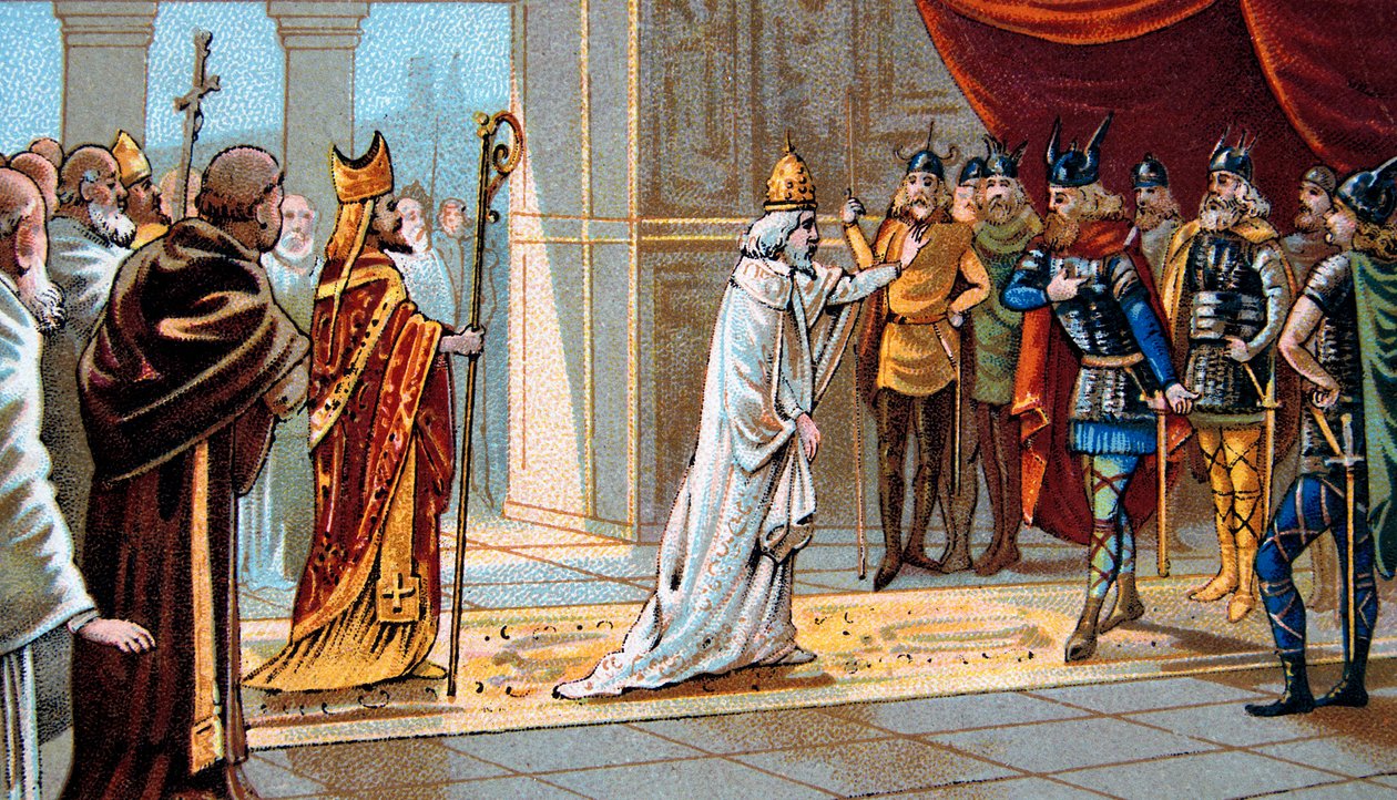 Papst Stephan II. (Stephanus) fleht Pippin den Kurzen um Hilfe gegen die Langobarden im Jahr 754 im Palast von Ponthion an von Unknown artist