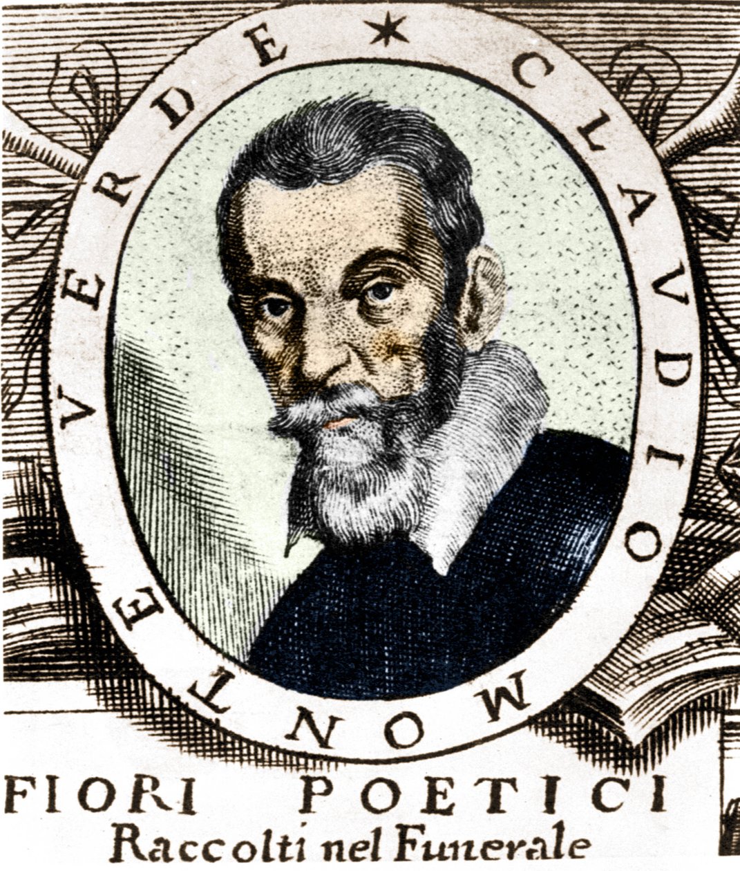 Porträt von Claudio Monteverdi nach dem Frontispiz von Fiori poetici raccolti nel funerale del molto illustrious e molto reverendo Signor Claudio Monteverdi, veröffentlicht in Venedig 1644. von Unknown artist