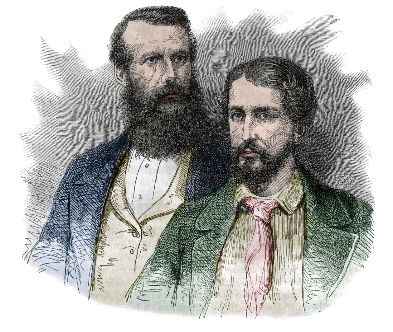 Porträt von John Hanning Speke, britischer Entdecker, und James Augustus Grant, britischer Soldat und Entdecker. Gemeinsam erkundeten sie die Quellen des Nils - Gravur aus „The picturesque history of great voyages in the nineteenth century“ 1877 von Unknown artist