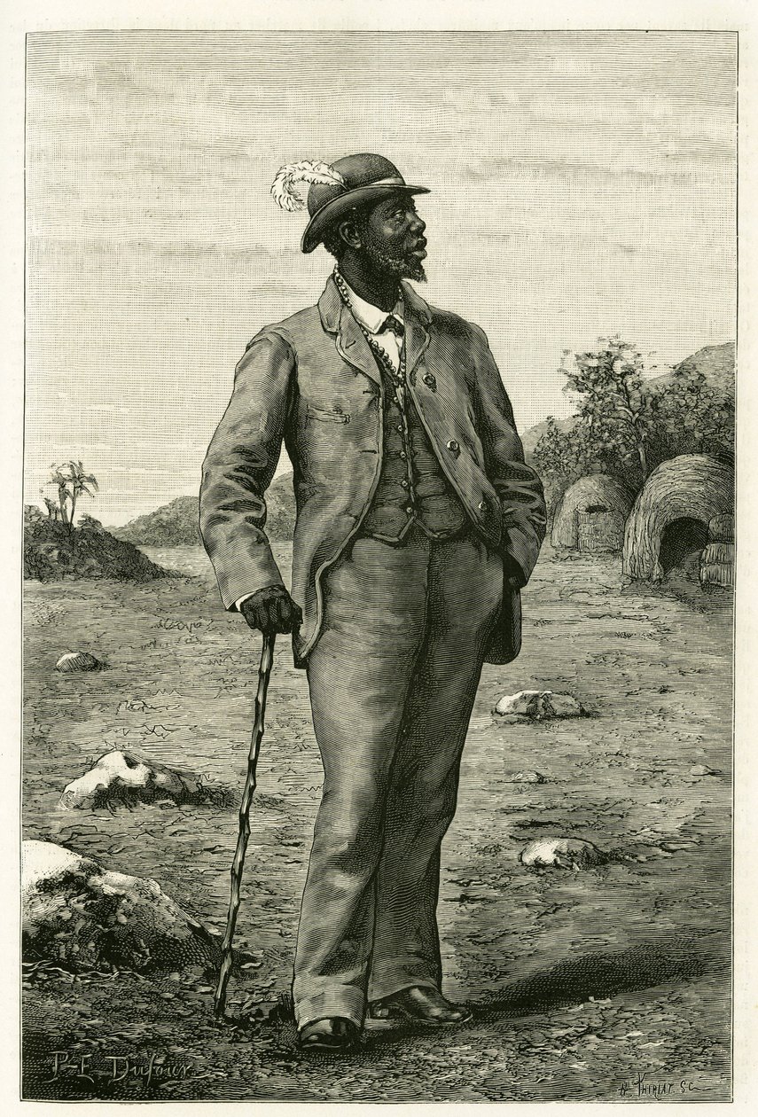 Porträt von König Sepopo von Zambeze (heutiges Südafrika), in europäischem Stil gekleidet, Gravur von P. Dufour zur Illustration der Geschichte „Au pays des Marutses“ in den Jahren 1875-1879 von Dr. Emile Holub (1847-1902). Veröffentlicht in der Tour du mo von Unknown artist