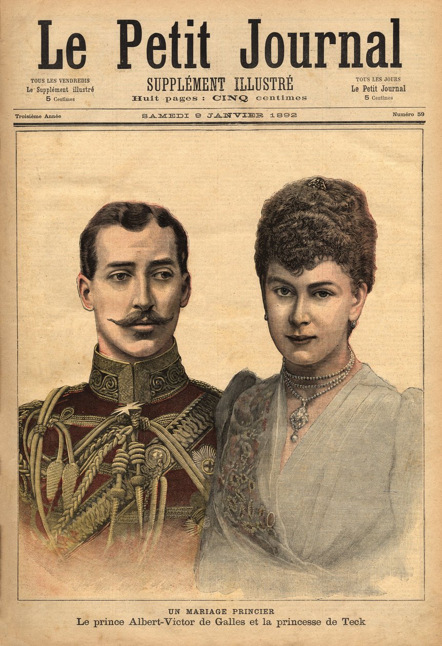 Porträts anlässlich der Bekanntgabe ihrer Heirat von Prinz Albert Victor, Herzog von Clarence und Avondale mit Mary von Teck, Le Petit Journal, 9/01/1892 von Unknown artist