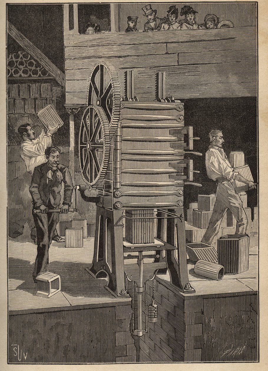 Töpferei: Mechanisches Formen von Hohlteilen. Gravur von 1885 in „Les arts et métiers illustrés“ von Adolphe Bitard. von Unknown artist