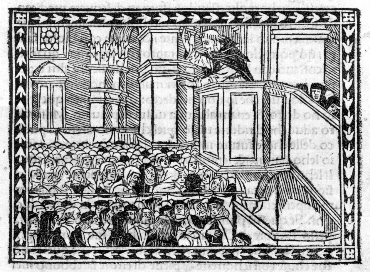 Predigt von G. Savonarola (Jerome Savonarola) (1452 - 1498) - im „Compendium of Revelatione“, Inkunabel vom 23.04.1496. von Unknown artist