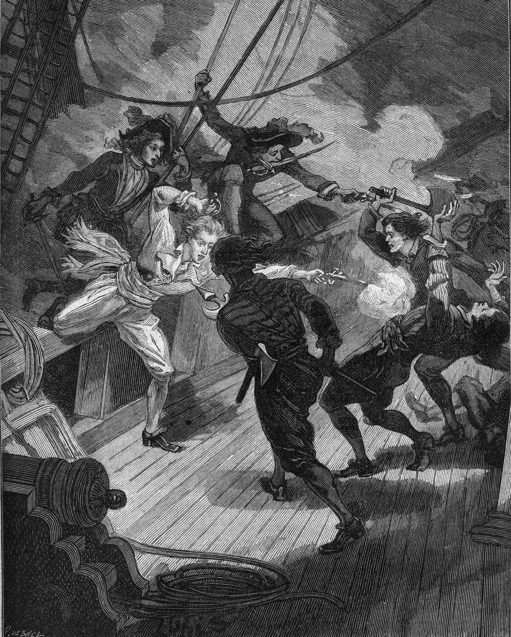 Freibeuter Jean Bart (1650-1702) nähert sich einem Schiff. Gravur des 19. Jahrhunderts. In „Histoire de France“ von Jules Michelet. von Unknown artist