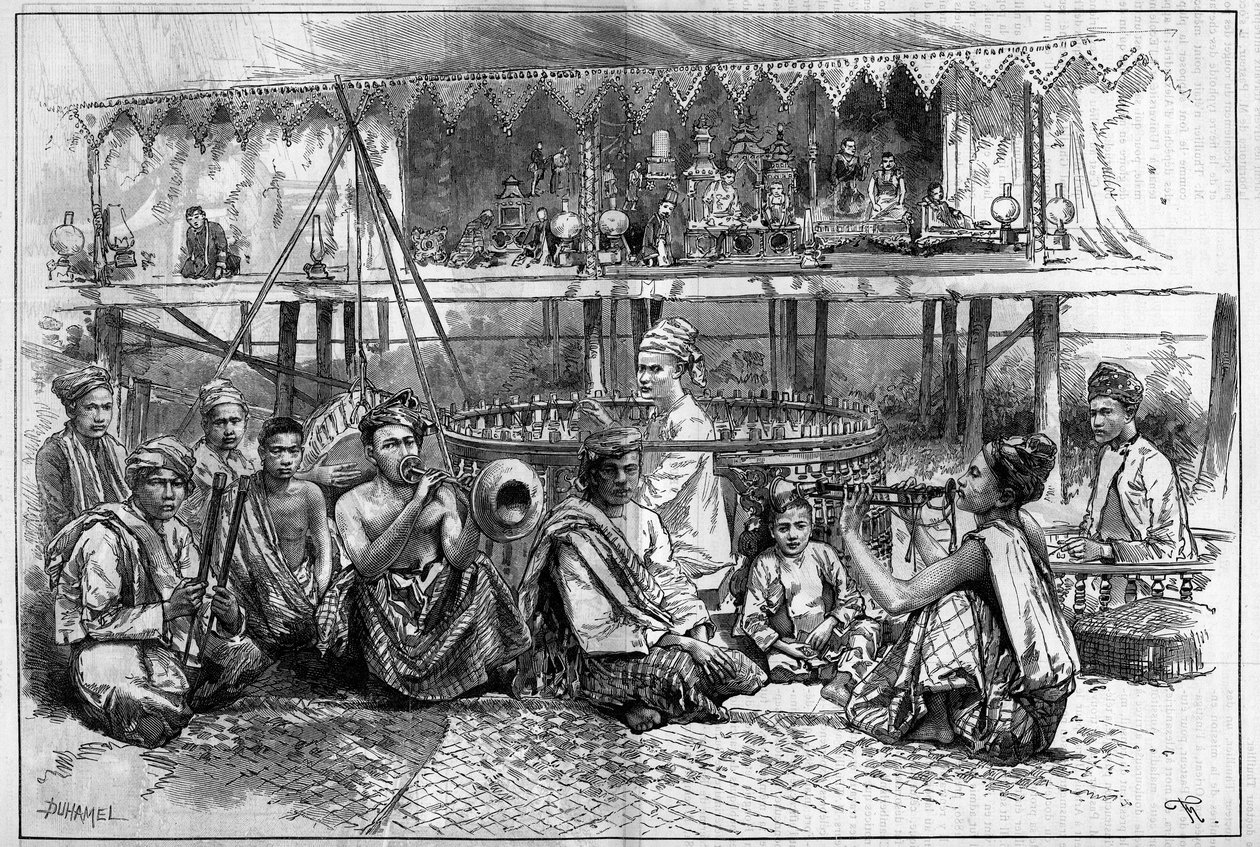 Puppentheater mit Musikern in Burma. Gravur in "The Illustrous World" von Unknown artist