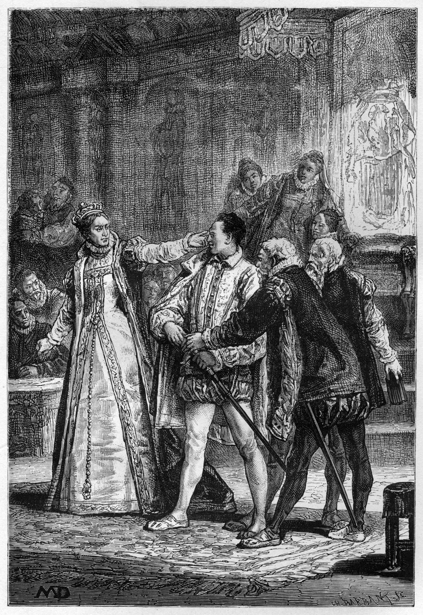Königin Elisabeth I. von England schlägt den 2. Earl of Essex Robert Devereux von Unknown artist