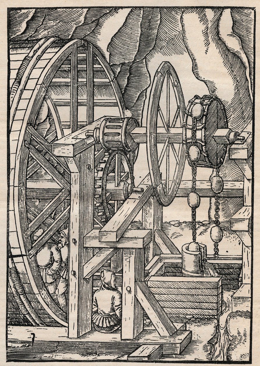 Lumpen- und Kettenpumpe zum Entwässern einer Mine, betrieben von Männern im Tretmühlenbetrieb. Aus Agricola (Georg Bauer) De re metallica, Basel von Unknown artist