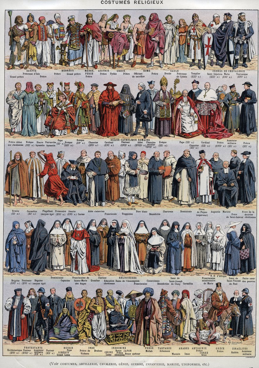 Religiöse Kostüme - von der Antike bis zum 20. Jahrhundert - Römisch-katholische Kirche und andere Religionen - Religiös - Tafel des Larousse Universal um 1920 von Unknown Artist