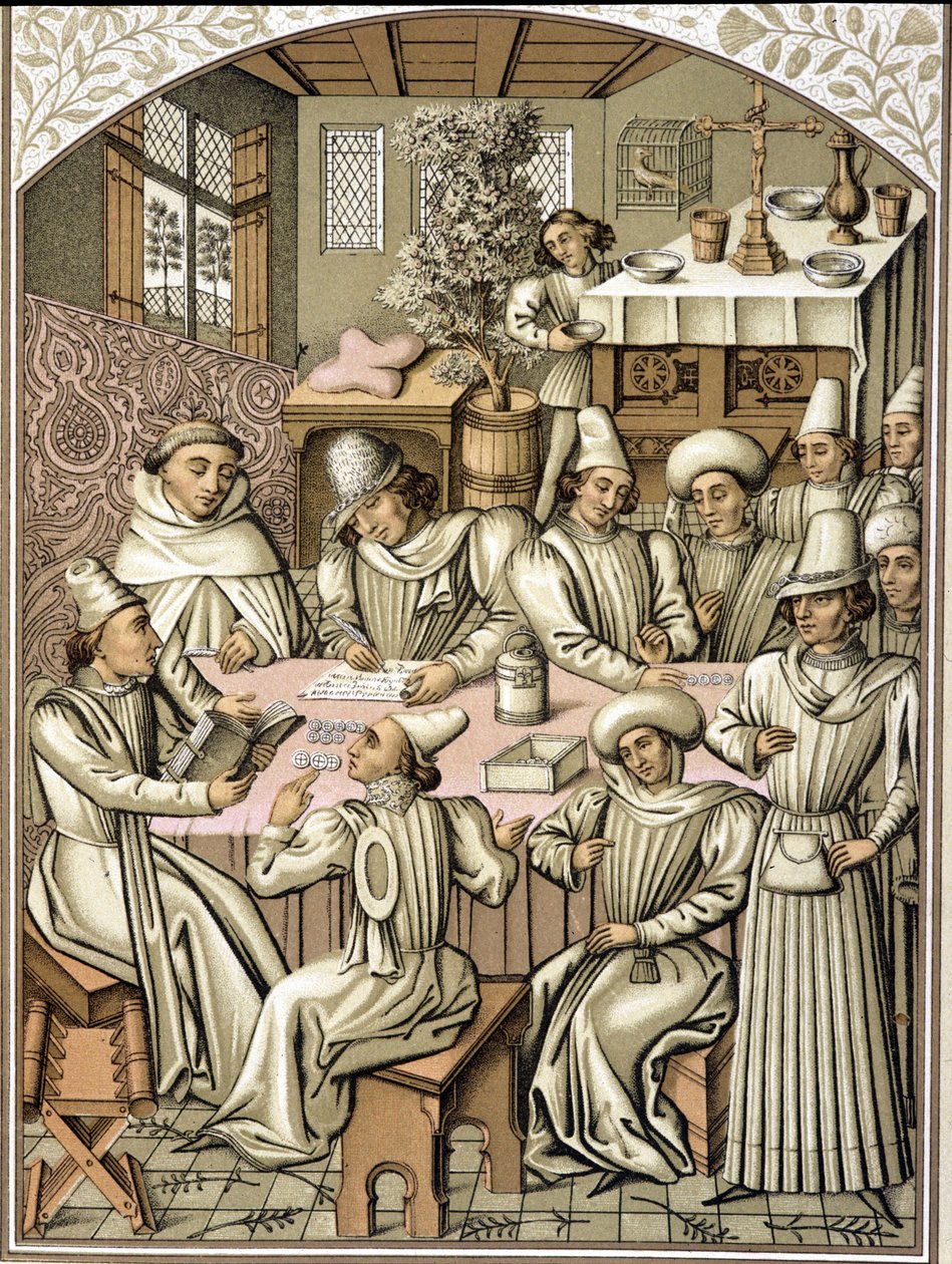 Darstellung von Beamten im 14. Jahrhundert. Chromolithographie aus dem Rechnungsbuch der Bruderschaft „Dio e Nostra Signora“ von Unknown artist