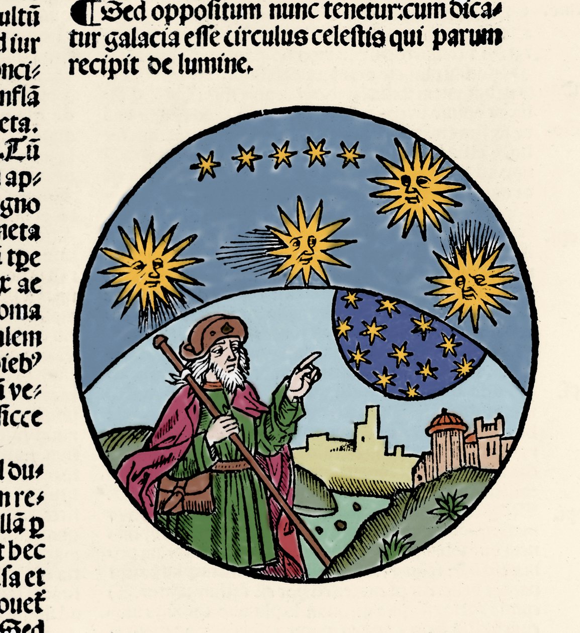 Darstellung des griechischen Philosophen Aristoteles (384-322 v. Chr.), der auf die Sterne zeigt. Gravur aus „Textus abbreviatus Aristotelis super octo liris Phisicorum & tota naturalis philosophia“ von Thomas Bricot (gest. 1516). 1496 von Unknown artist