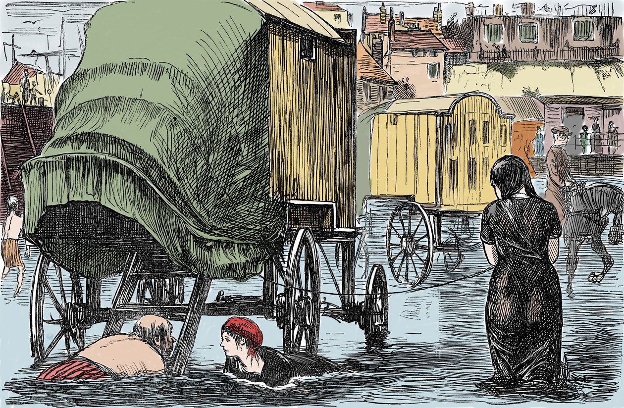 Darstellung der Badehütte, erfunden 1750 von Benjamine Beale: Frauen gelangen direkt vom pferdegezogenen Wagen ins Meer. Humoristische Zeichnung aus „Punch Magazine“ 1870 von Unknown artist
