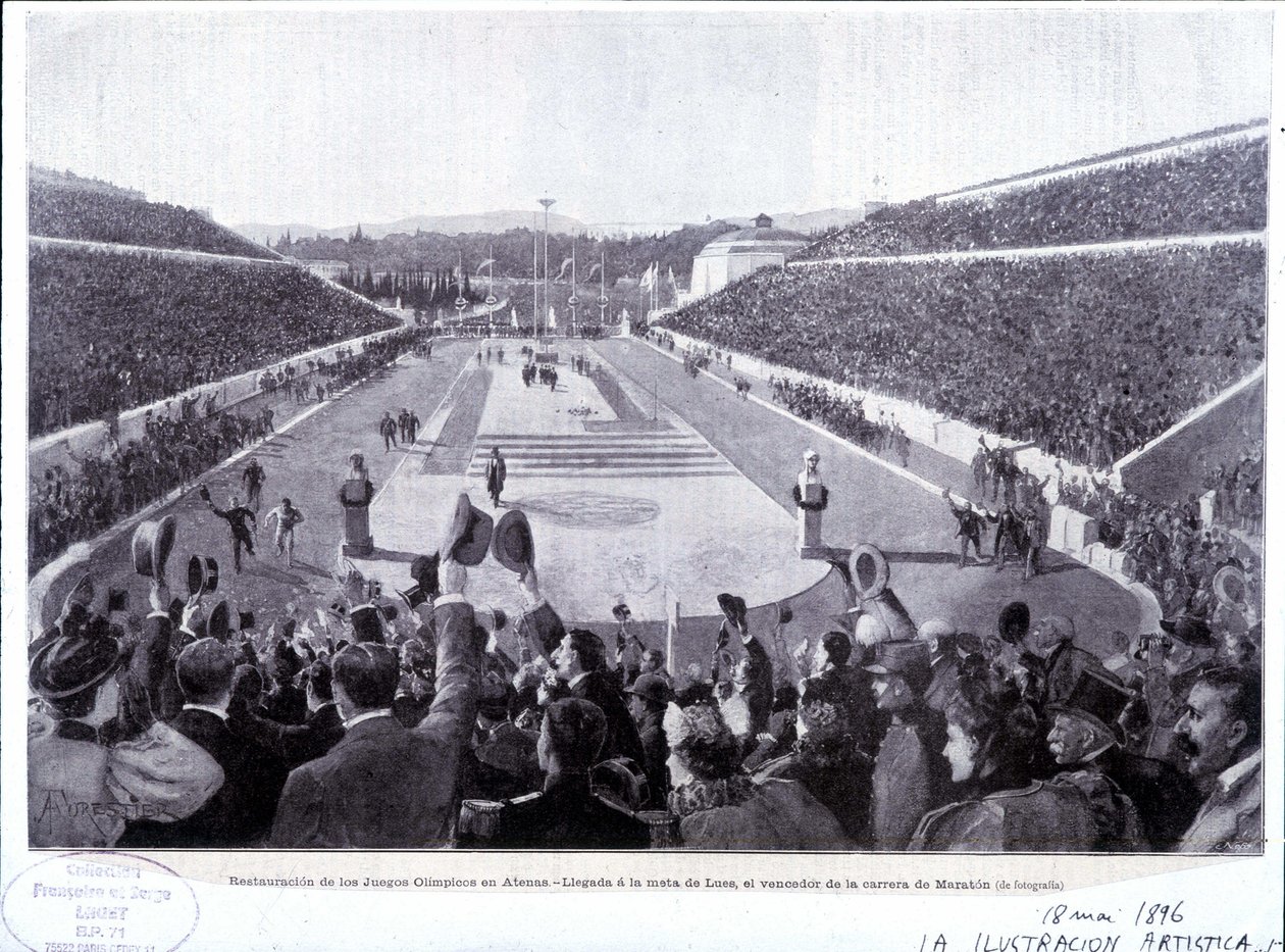 Wiederherstellung der Olympischen Spiele in Athen: Ankunft von Lues, Marathon-Sieger von Unknown artist