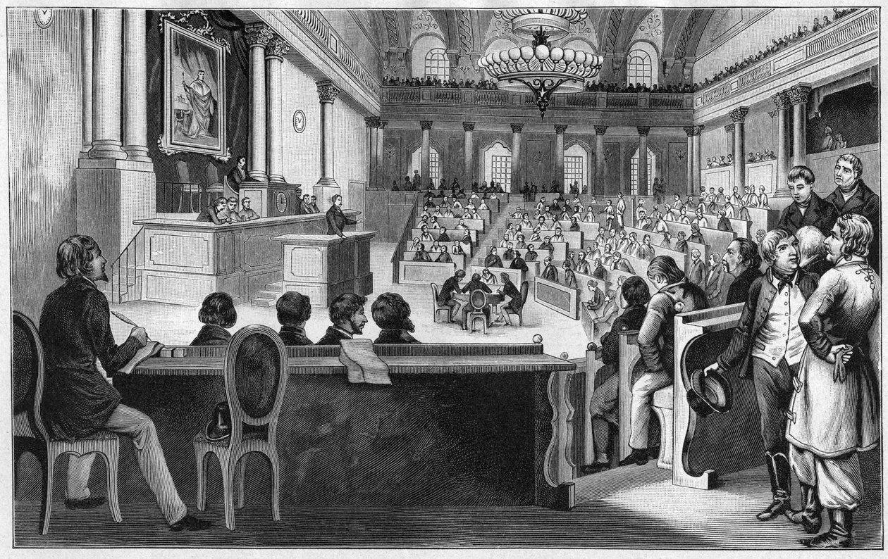 Revolution in Wien 1848 - Die Versammlung der ersten österreichischen konstituierenden Versammlung (Reichsversammlung), Juli 1848, in der Spanischen Hofreitschule in Wien, Österreich. von Unknown artist