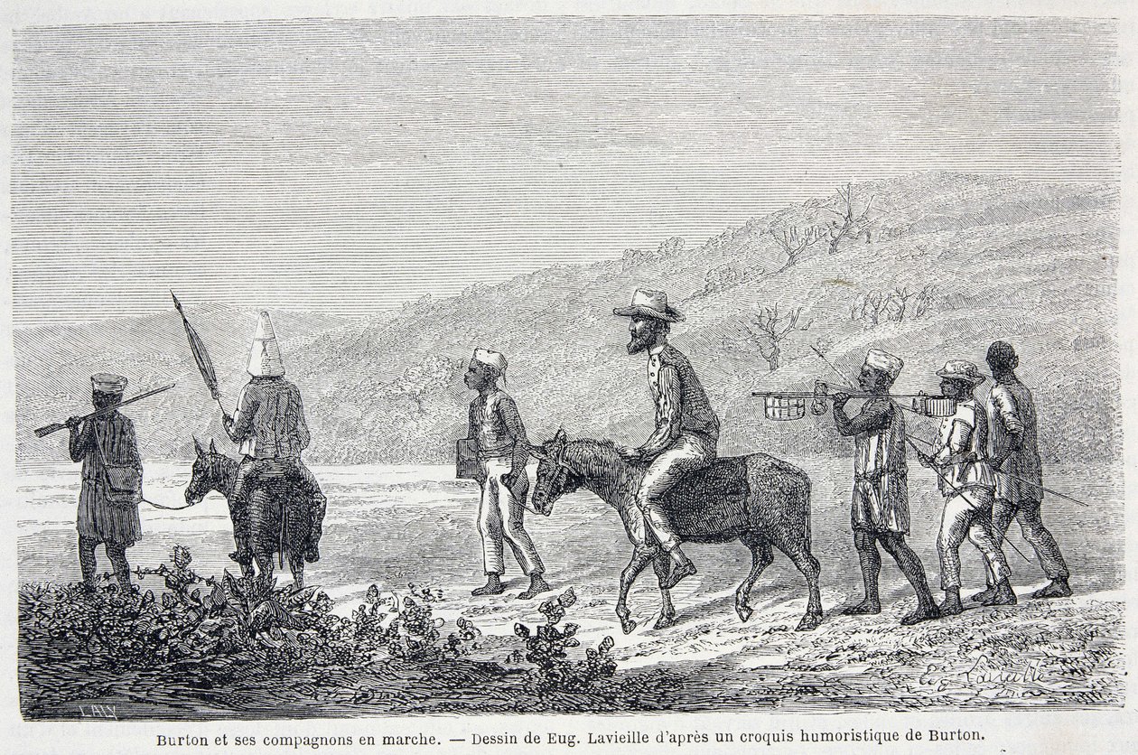 Richard Francis Burton, britischer Entdecker (1821-1890), und seine Begleiter in Afrika. Zeichnung zur Illustration des Artikels „Captain Burtons Reise zu den Großen Seen Afrikas 1857-59“ - in „Tour du Monde“, 2. Halbjahr 1860 von Unknown artist