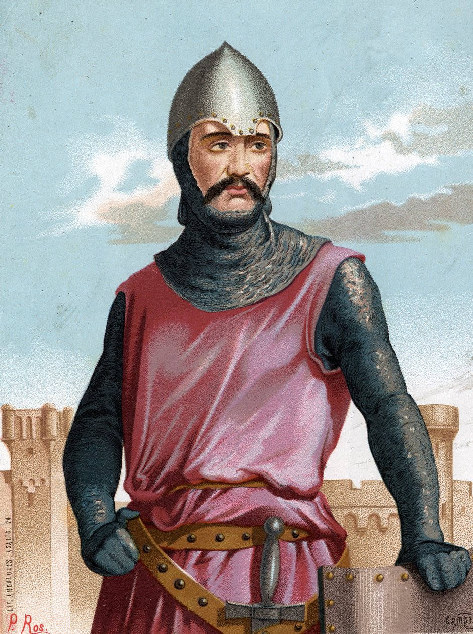 Rodrigo Díaz de Vivar, bekannt als der Cid Campeador, spanischer Held (1043-1099). Nach „Sombras y Mujeres famosas“, Barcelona 1877. von Unknown artist