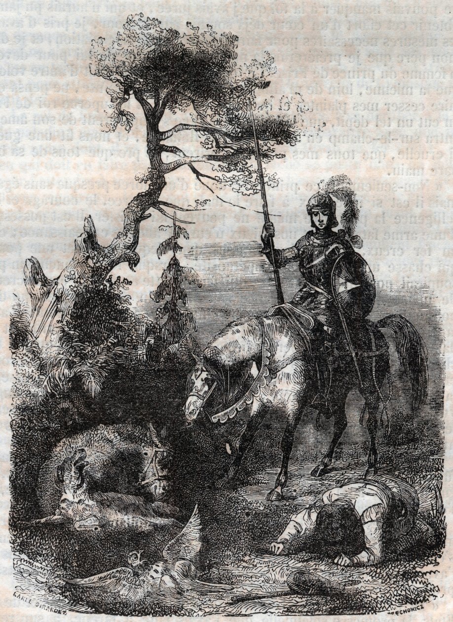 Roger (Ruggero, Ruggiero) benutzt den verzauberten Schild - Gravur von 1851 aus „Roland der Rasende“ (Orlando furioso) (16. Jahrhundert) von Ludovico Ariosto, bekannt als der Ariosta - Ausgabe, übersetzt aus dem Italienischen von Graf von Tressan und veröf von Unknown artist
