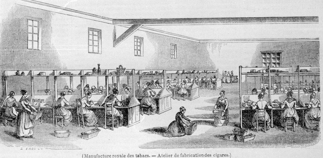 Königliche Tabakmanufaktur: Zigarrenherstellungswerkstatt. Gravur des 19. Jahrhunderts von Unknown artist