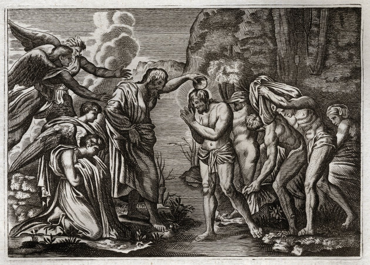 Royaumont-Bibel, Neues Testament: Taufe Jesu Christi. Johannes der Täufer tauft Jesus Christus im Jordan. Illustration von 1811. von Unknown artist