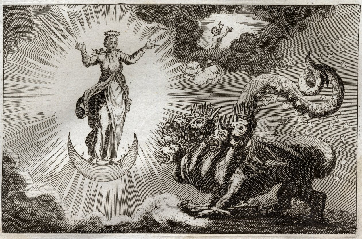 Royaumont-Bibel, Neues Testament: Tier der Offenbarung. Johannes sieht ein monströses Tier mit sieben Köpfen und zehn Hörnern und eine schwangere Frau, umgeben von Licht, unter deren Füßen der Mond ist und auf ihrem Kopf eine Krone aus zwölf Sternen. Illus von Unknown artist