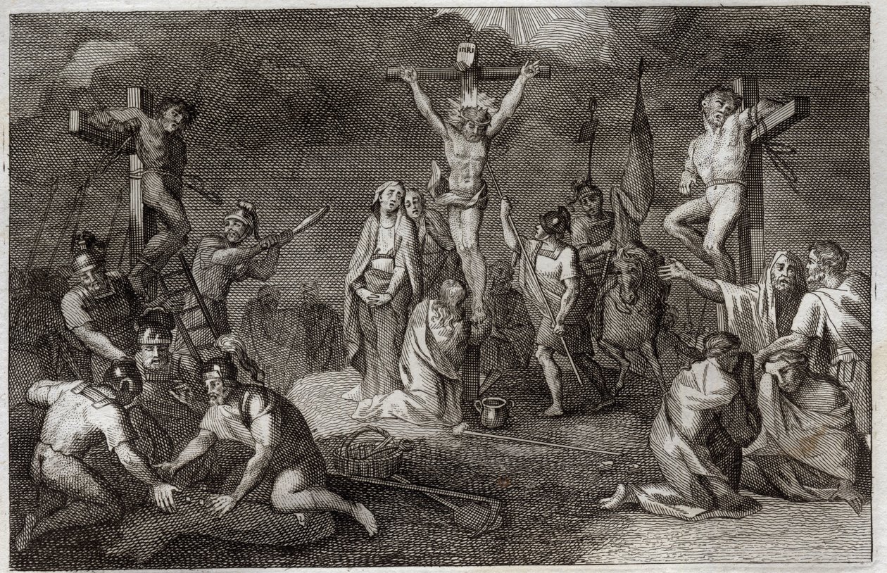 Royaumont-Bibel, Neues Testament: Kreuzigung Jesu Christi. Die Jungfrau Maria, Maria Magdalena und Johannes am Fuße des Kreuzes, der heilige Longinus mit seiner Lanze, Soldaten spielen um das Gewand Christi. An den Seiten, Darstellungen von... von Unknown artist