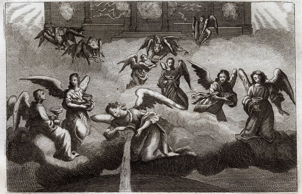 Royaumont-Bibel, Neues Testament: Drache der Offenbarung. Sieben Engel gießen den Inhalt ihrer Schale, Symbol des Zorns Gottes, auf die Erde. Illustration von 1811. von Unknown artist