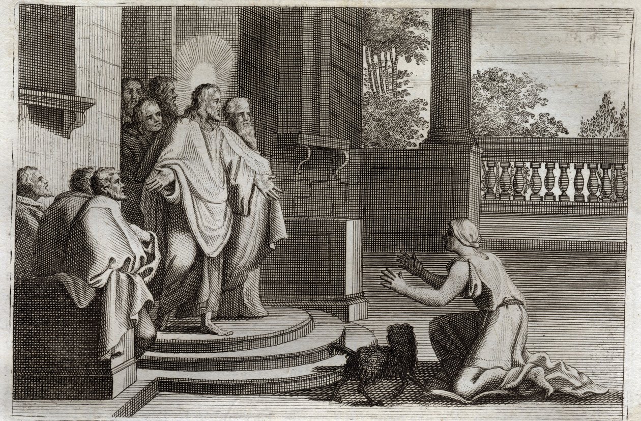 Royaumont-Bibel, Neues Testament: Jesus Christus und die Frau von Kanaan (Die Kananäerin oder die fremde Frau). Eine Bäuerin bittet den Herrn um Hilfe, um ihre Tochter zu heilen. Christus antwortete ihr: „Ich wurde nur zu den verlorenen Schafen des Hauses  von Unknown artist
