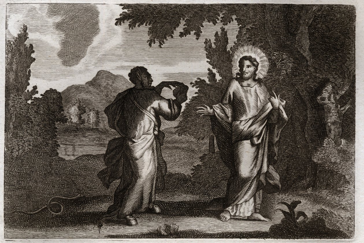 Royaumont-Bibel, Neues Testament: Jesus Christus in der Wüste. Jesus wird in die Wüste getrieben. Er fastet vierzig Tage und vierzig Nächte. Er wird vom Dämon versucht, der ihn auffordert, Steine in Brot zu verwandeln. Illustration von 1811. von Unknown artist