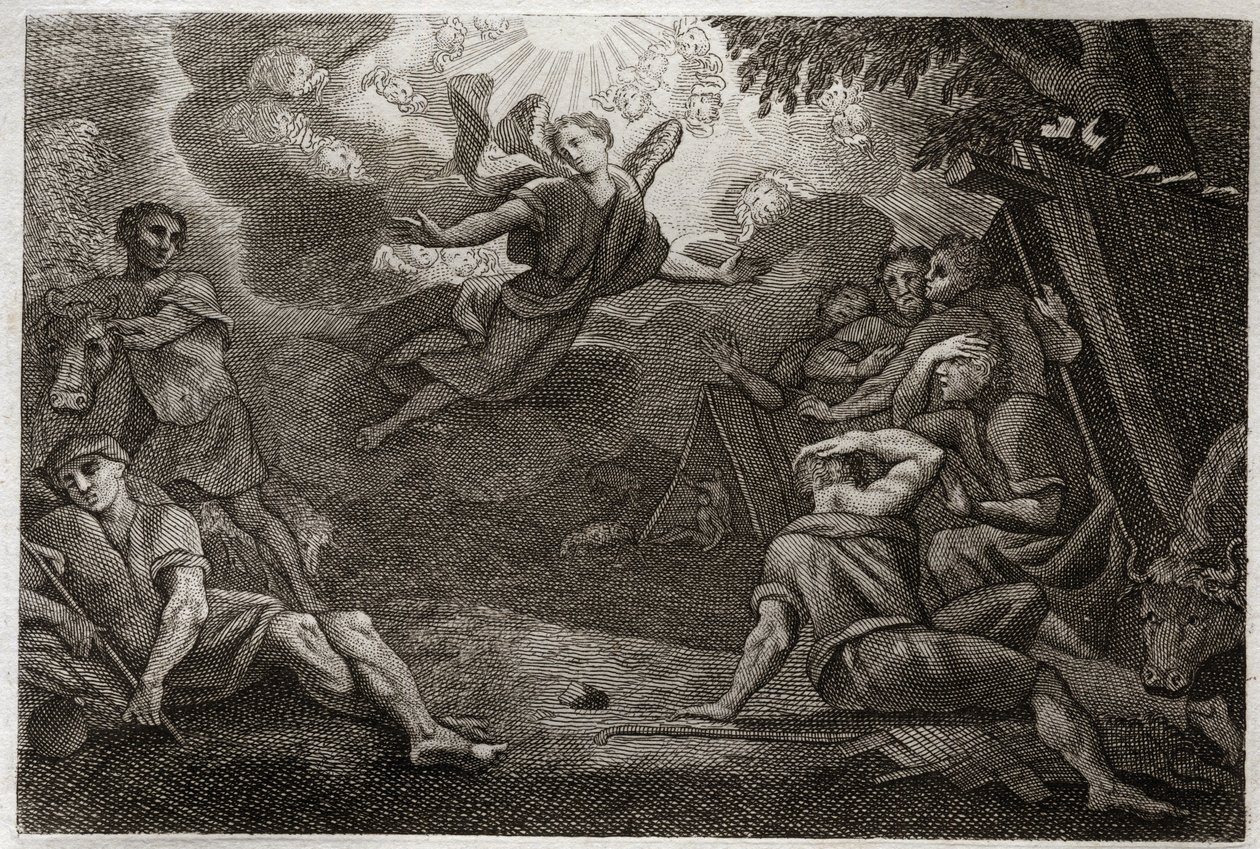 Royaumont-Bibel, Neues Testament: Hirten an der Krippe. Ein Engel verkündet den Hirten die Geburt Jesu Christi (Verkündigung an die Hirten). Illustration von 1811. von Unknown artist