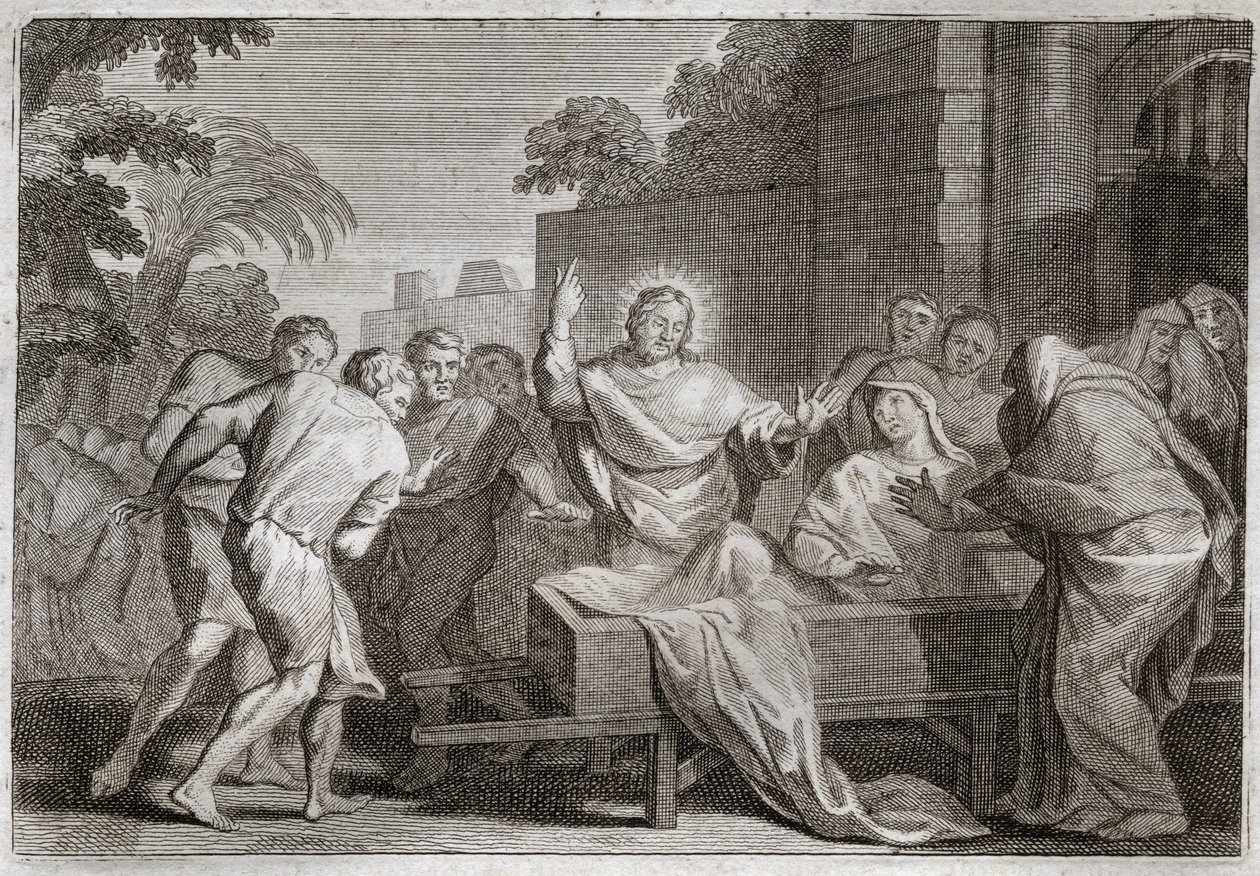 Royaumont-Bibel, Neues Testament: Der Sohn der Witwe von Naim. Jesus Christus erweckt den Sohn einer Witwe aus der Stadt Naim zum Leben. Illustration von 1811 von Unknown artist
