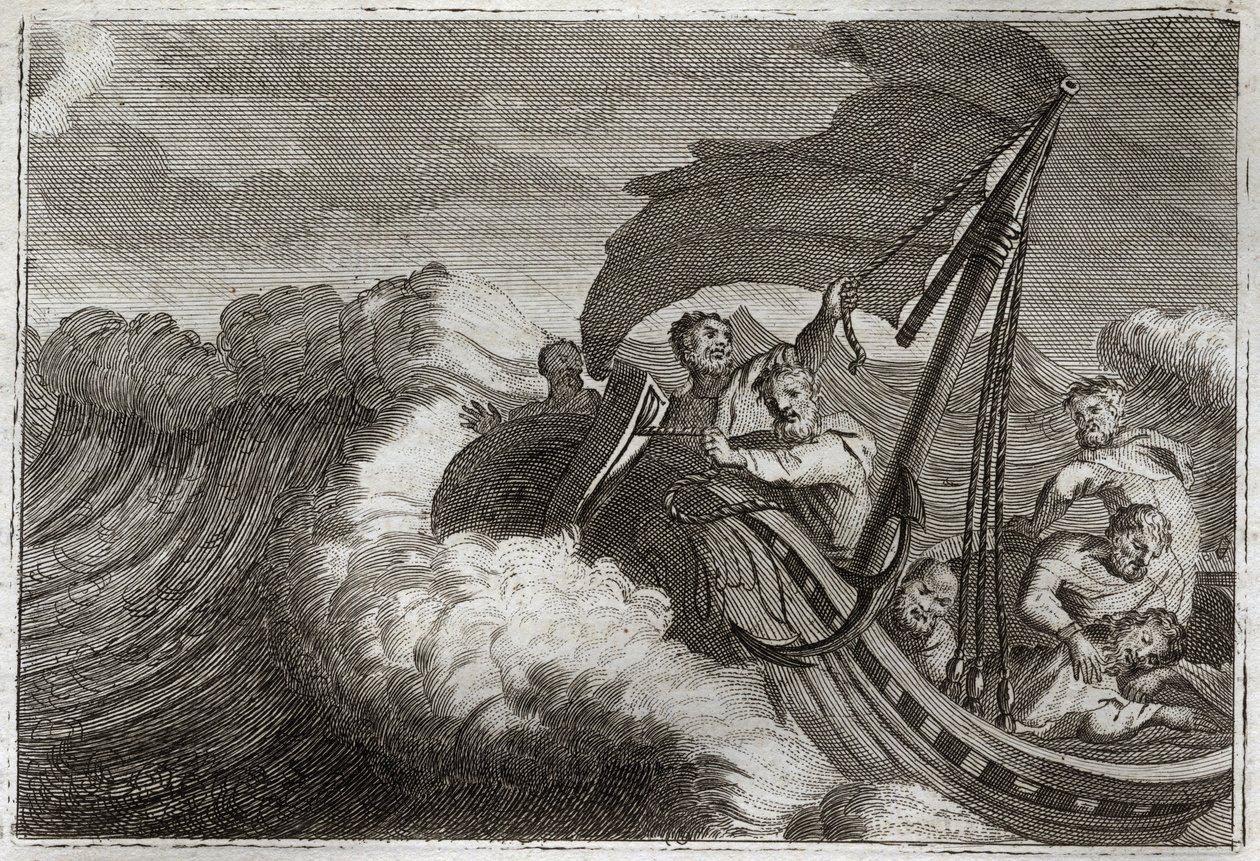 Royaumont-Bibel, Neues Testament: Sturm beruhigt. Die Apostel werden von einem Sturm überrascht, wecken Jesus Christus, der in ihrem Schiff schläft, und er beruhigt auch das Meer von Galiläa. Illustration von 1811. von Unknown artist