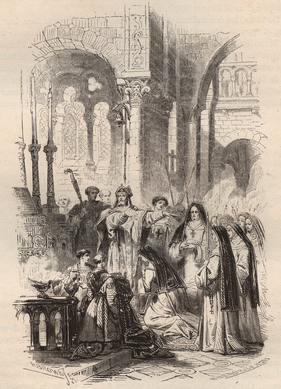 Segnung von Heiliger Kunigunde von Luxemburg (ca. 975-1033/1039) im Jahr 1024, übergeben vom Bischof von Paderborn Meinwerk (ca. 975-1036) in der Benediktinerabtei von Kaufungen in Deutschland. Gravur von 1868 in „Histoire de Belgique von den frühesten Zei von Unknown artist